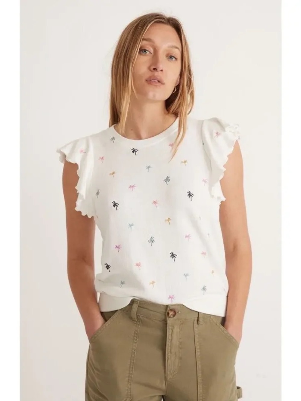 Marine Layer Caroline Embroidered Cap Sleeve Sweatshirt‎ Multicolor Palm Size S